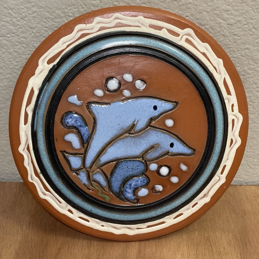 Studio Pottery Art Ceramic Terracotta Dolphin Ocean Deco‎ Disc Plate Semi Glazed